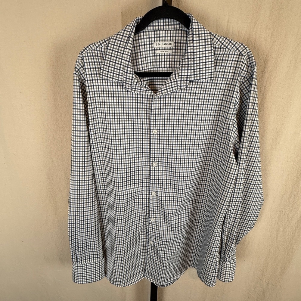 J.M. Haggar Mens Slim Fit Dress Shirt 16-16.5 34/35 Plaid Stretch HAT002HT364